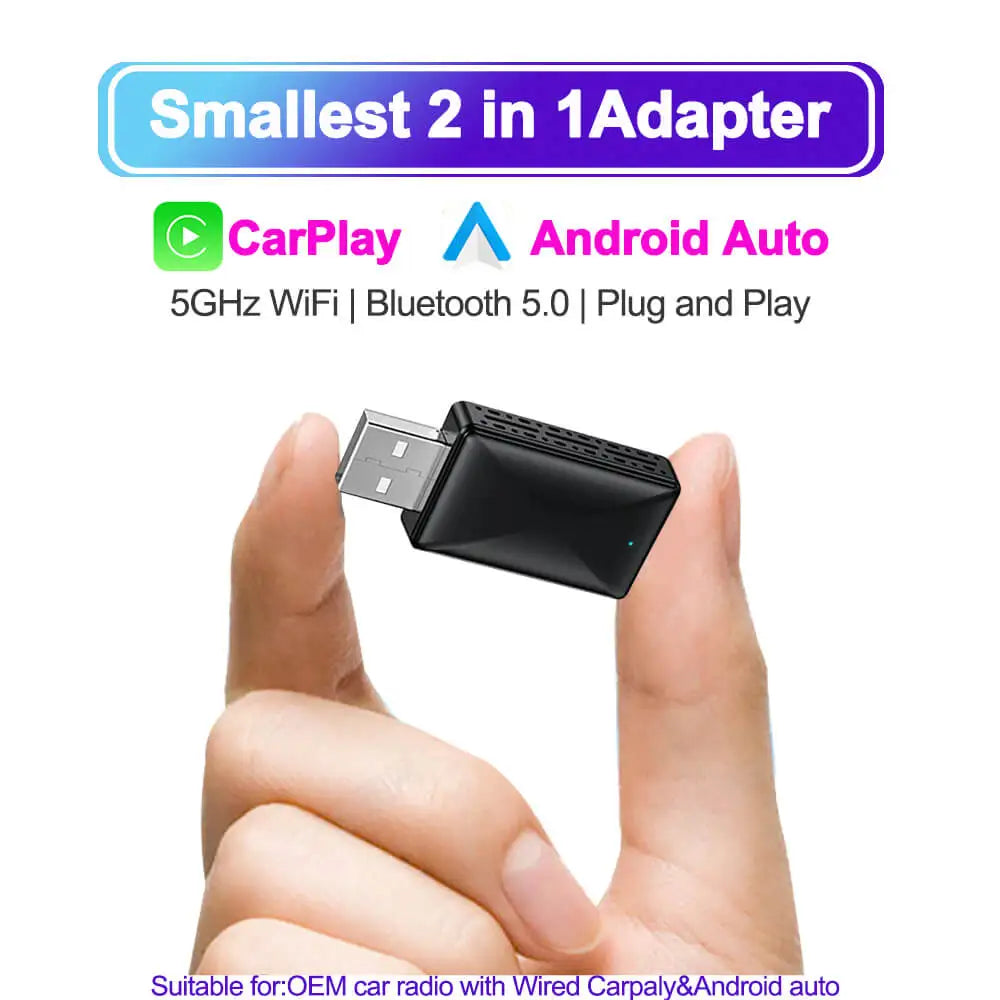 2in1 Wired to Wireless CarPlay Android Auto Adapter for OEM Car Stereo With USB Plug and P