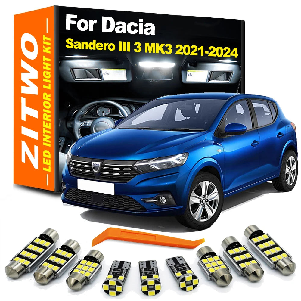 ZITWO 10Pcs LED Bulb Interior Indoor Light Kit For Dacia Sandero III 3 MK3 2021 2022 2023 2024 License Plate Trunk Lamp Canbus