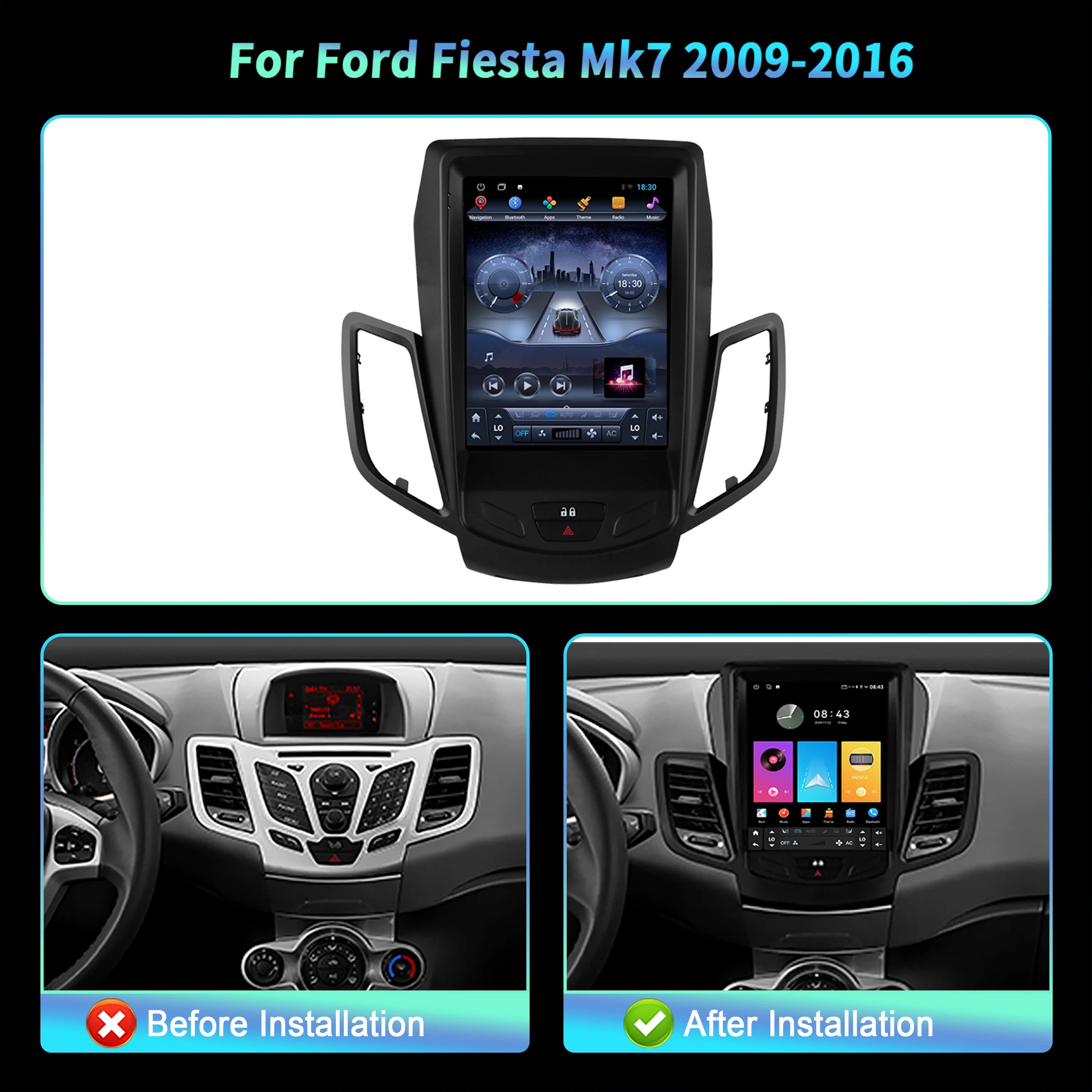 9.7” For Ford Fiesta Mk7 2009-2016 Wireless CarPlay Multimedia Car Radio Android 14 Naviga