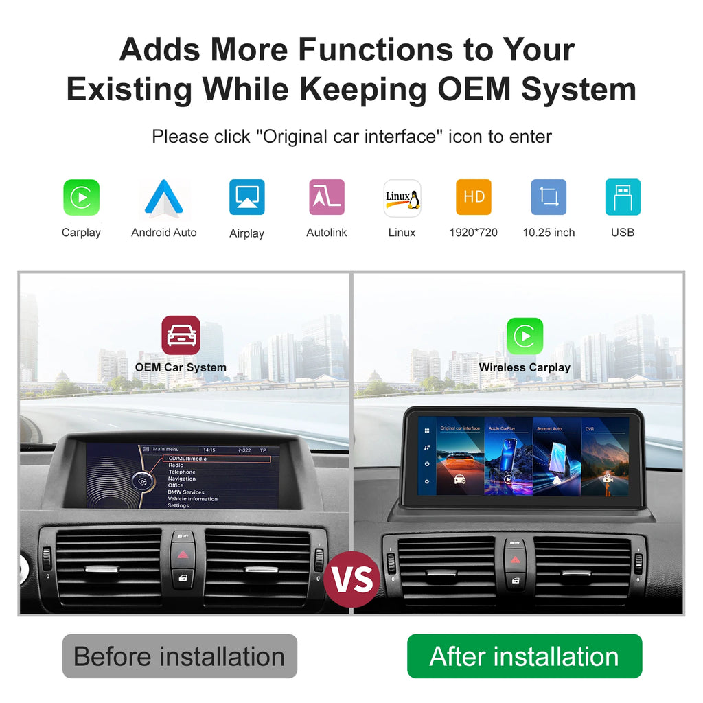 Wireless Carplay Android auto multimedia touch Linux screen For BMW1series E81/E82/E87/E88