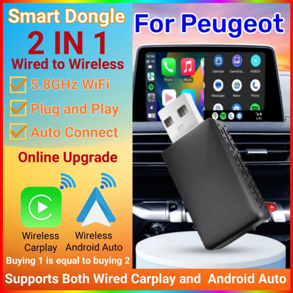 Smart Dongle WIFI 2in1 Wireless Android Auto Adapter Carplay Wireless For Peugeot 208 308  | AUTOKITSHOP