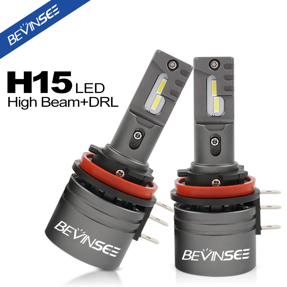 BEVINSEE 2x H15 LED Bulb 50W High Beam + 16W DRL Daytime Running Light Turbofan 6000K Whit