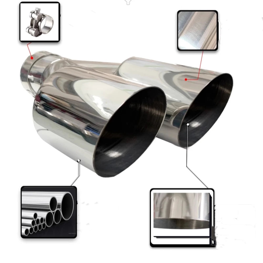 Genuine Double Exhaust Tip Stainless Steel Straight Edge Polished Silver Welding Muffler Tail Pi - Automotive LED Light