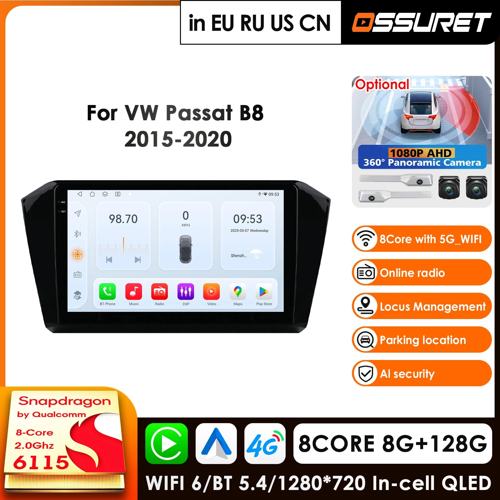 12.3" Car Radio GPS Android 14 for VW Passat B8 2015-2020 - 8Core 2.0GHz 360° Panoramic Camera 4G AI Systems