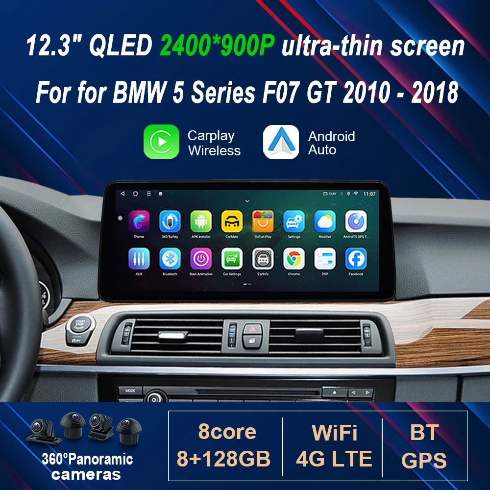 for BMW 5 Series F07 GT 2010 - 2018 Wireless Carplay 12.3' Ultra-thin Android 14 GPS 4G WI