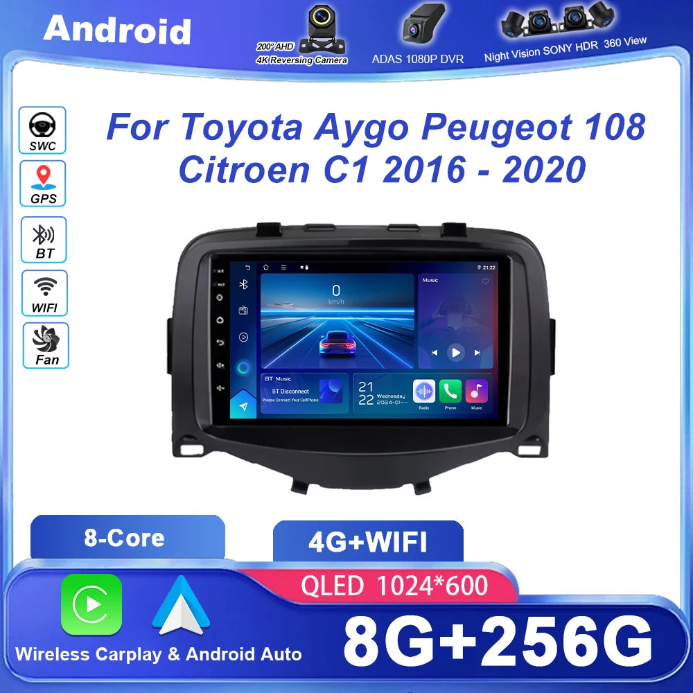 7 Inch Android Radio Stereo For Toyota Aygo Peugeot 108 Citroen C1 2016 -2020 Auto Multime