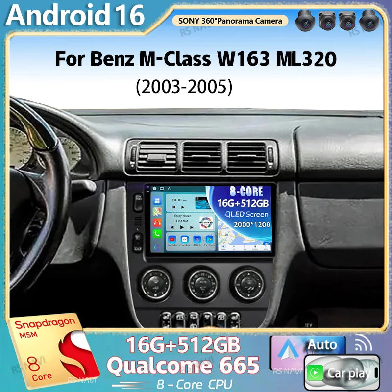 Android 16 For Benz M-Class W163 ML320 2003 - 2005 2K QLED Android Car Radio Multimedia Vi