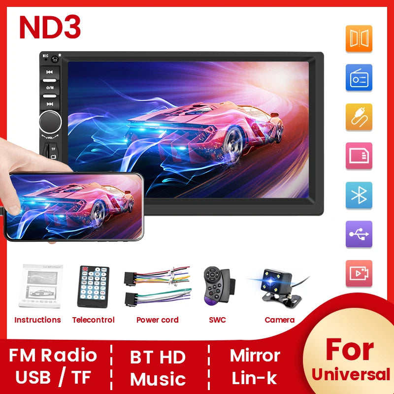 ND3 MP5 Player 2 Din Car Radio 7'' HD Touch Screen Stereo FM Audio SD TF USB Phone Mirror  | AUTOKITSHOP