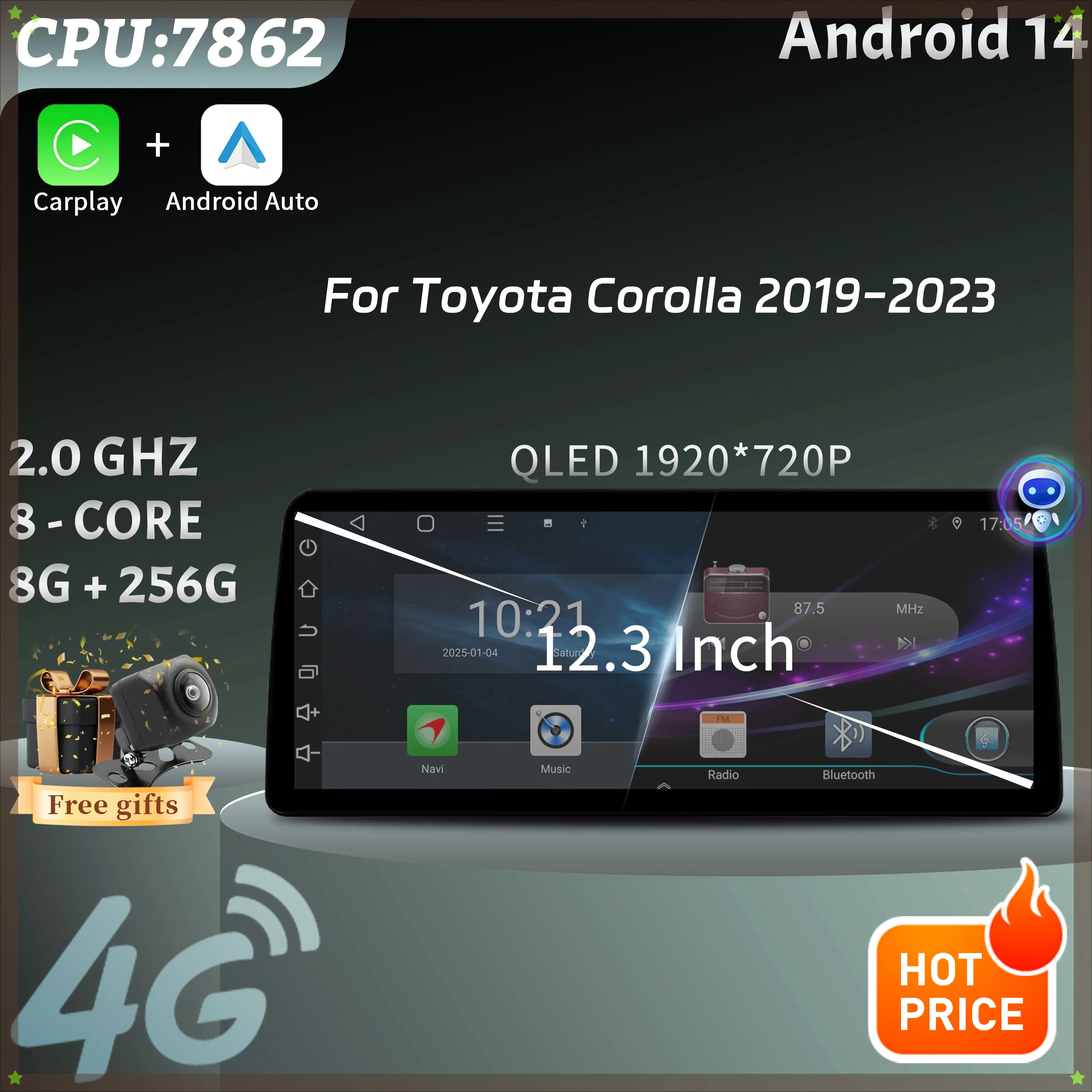 For Toyota Corolla 2019-2023 12.3inch Android 14 Car Radio Navigation 4G GPS Multimedia Wi