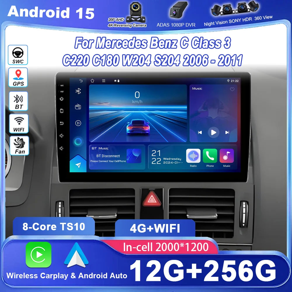 Car Radio Stereo Multimedia PlayerAndroid Auto For Mercedes Benz C Class 3 C220 C180 W204