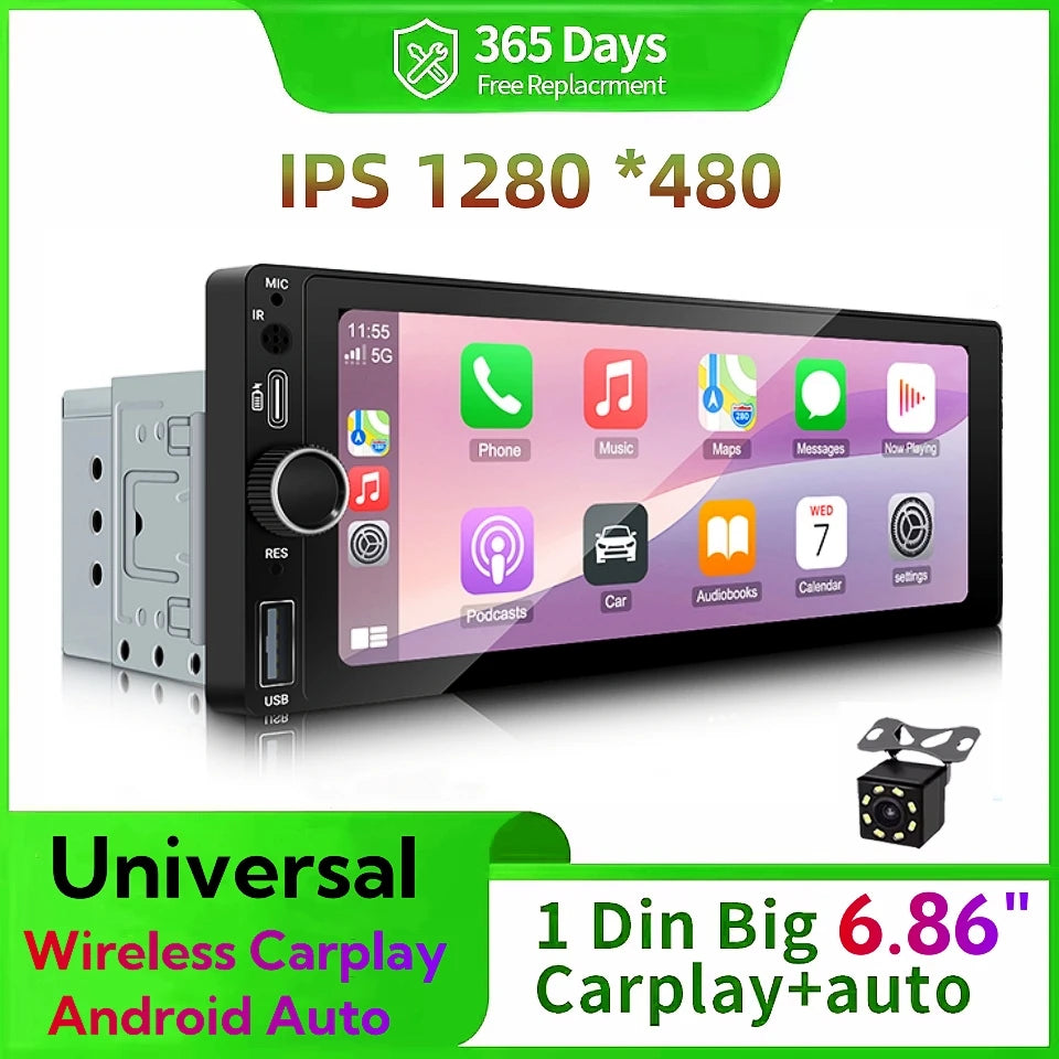 1 Din 6.86" Inch Car MP5 Player For Universal Wireless Carplay Android Auto EQ Car Radio B | AUTOKITSHOP