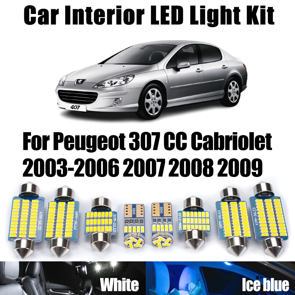 10-Piece LED Interior Light Kit for Peugeot 2003-2008 - Canbus Error-Free Interior Bulbs