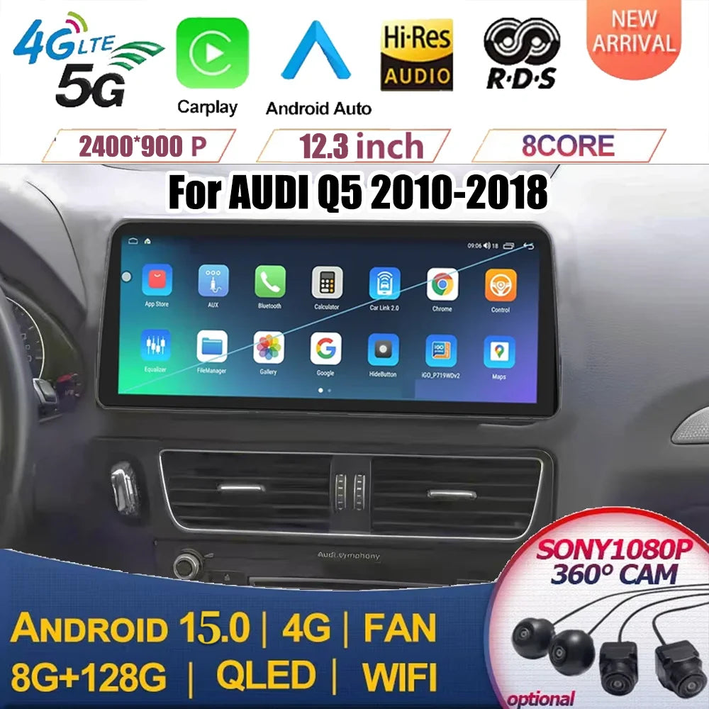 12.3 Inch 2400*900 For AUDI Q5 2010-2018 Android 15 Car Radio Car Multimedia Player GPS WI | AUTOKITSHOP