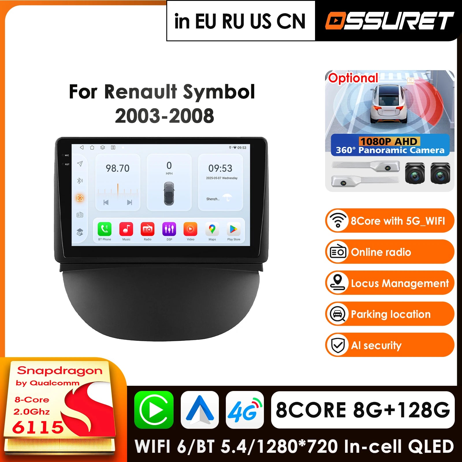 9" Car Radio GPS for Renault Symbol 2003-2008 - Android Auto CarPlay Multimedia Player with Bluetooth WIFI FM RDS AI