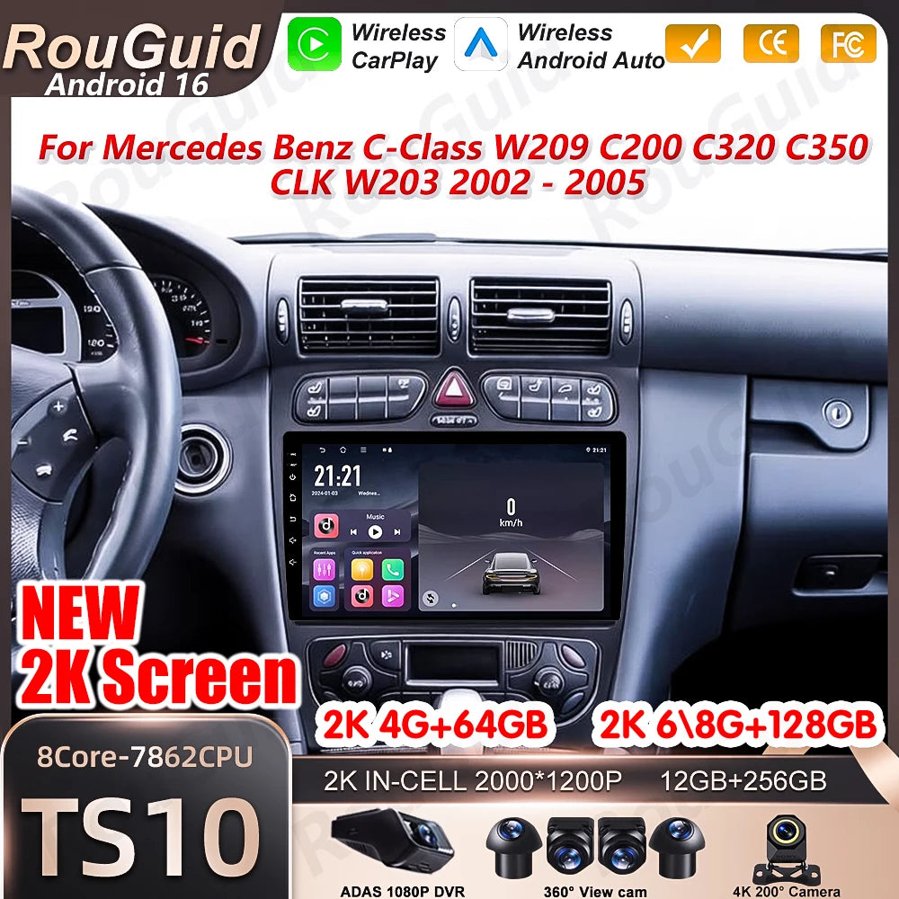 Android 16 Carplay For Mercedes Benz C-Class W209 C200 C320 C350 CLK W203 2002 - 2005 Car  | AUTOKITSHOP