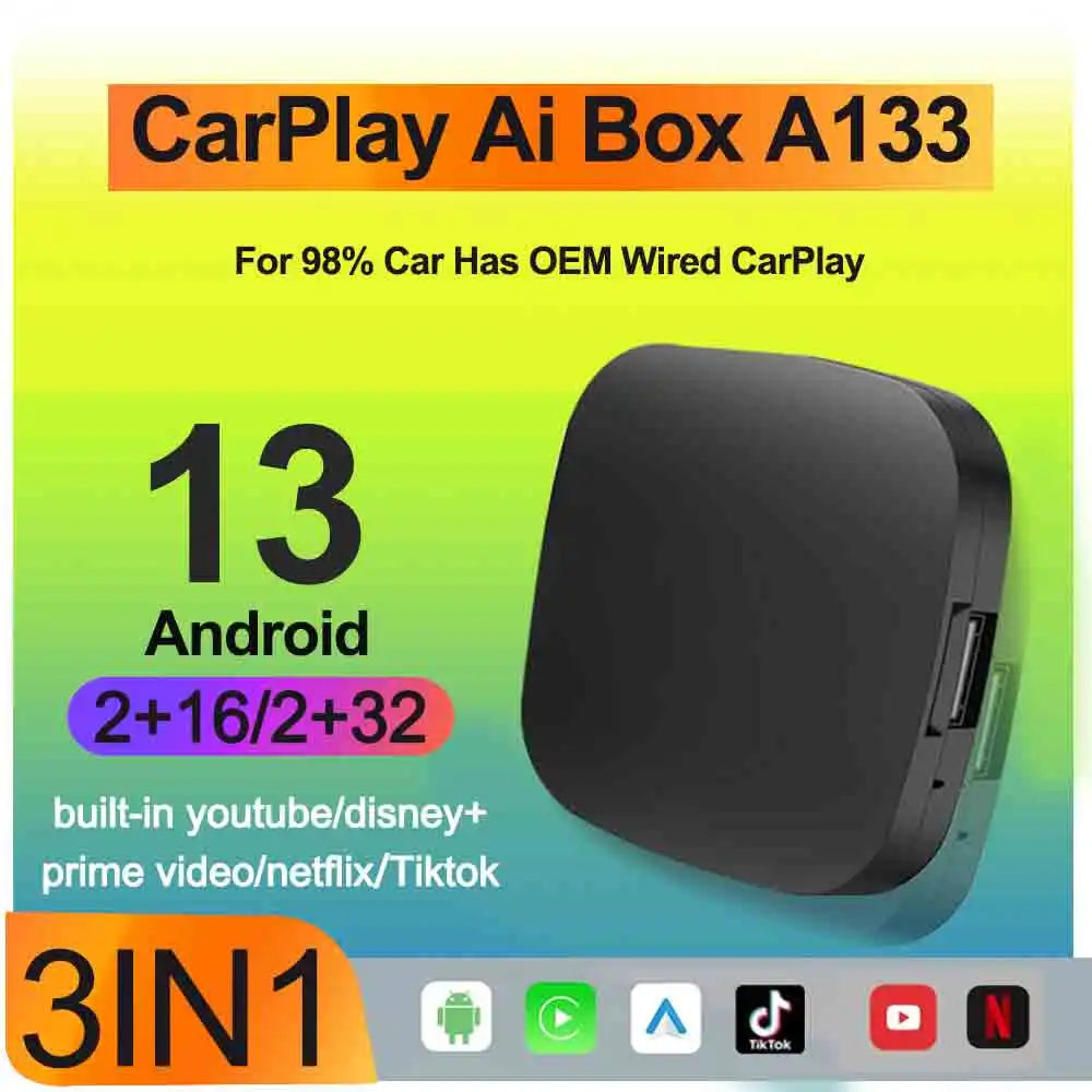 3 in 1 Android 13 AI Carplay Android Auto Wireless Adapter OEM Wired To Wireless CarPlay B