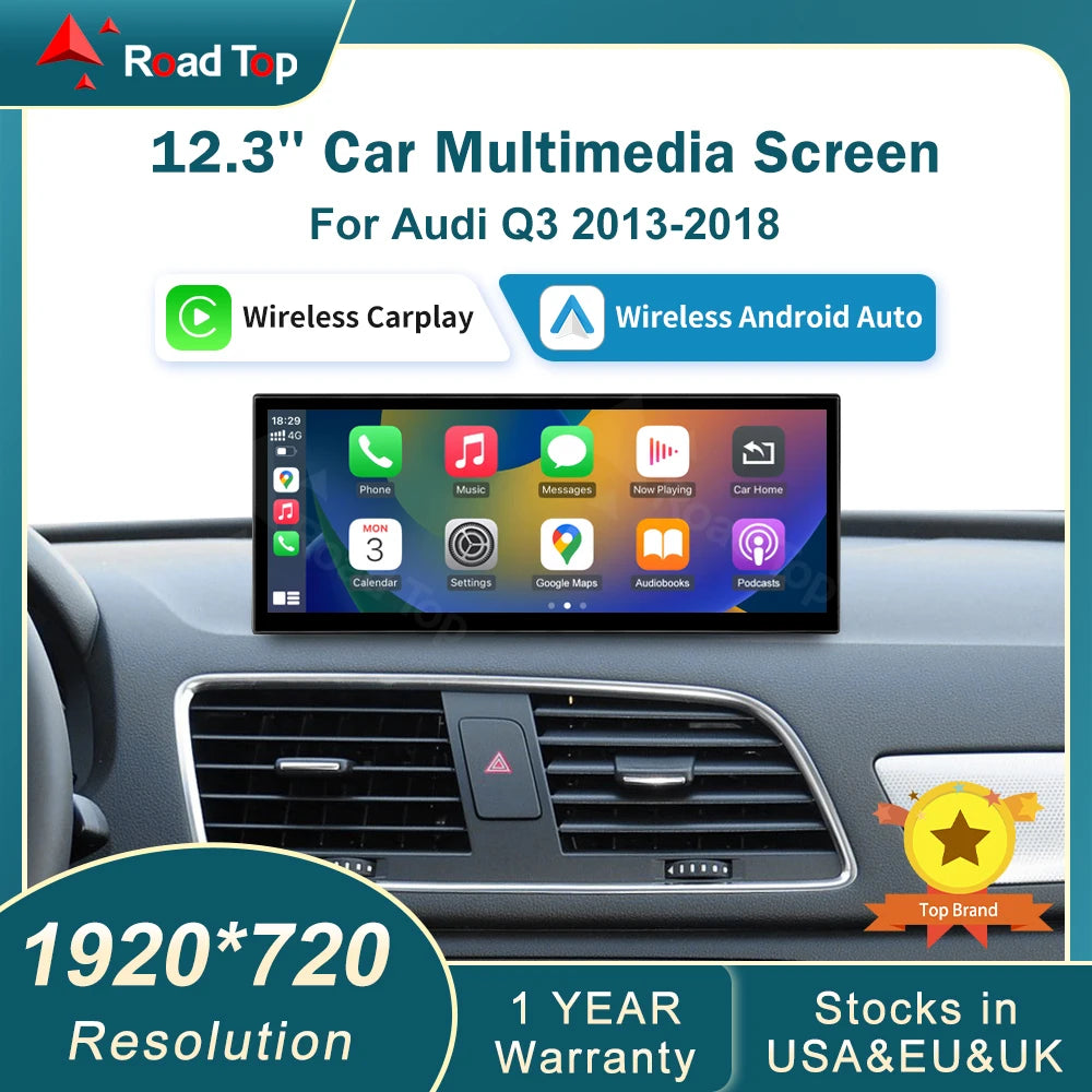 RoadTop 12.3 inch Wireless CarPlay Multimedia Display Android Auto For Audi Q3 2013-2018 A