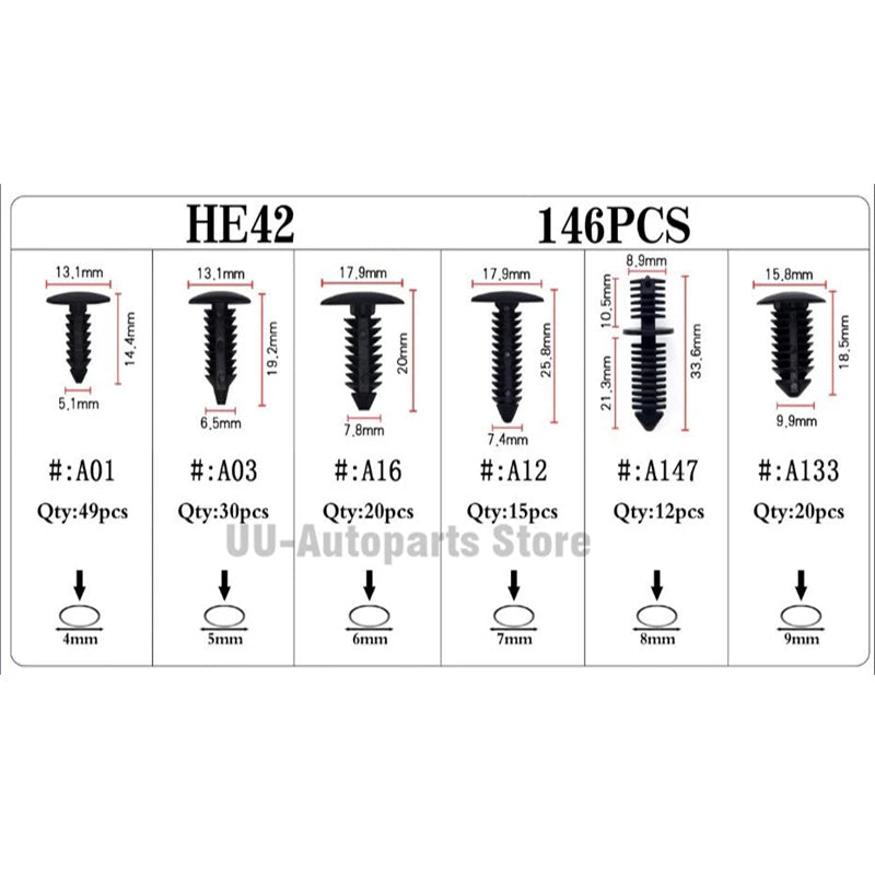 146Pcs/set Universal Trunk Boxed Buckle Auto Rivets Plastic Car Clamps Molding Fasteners C
