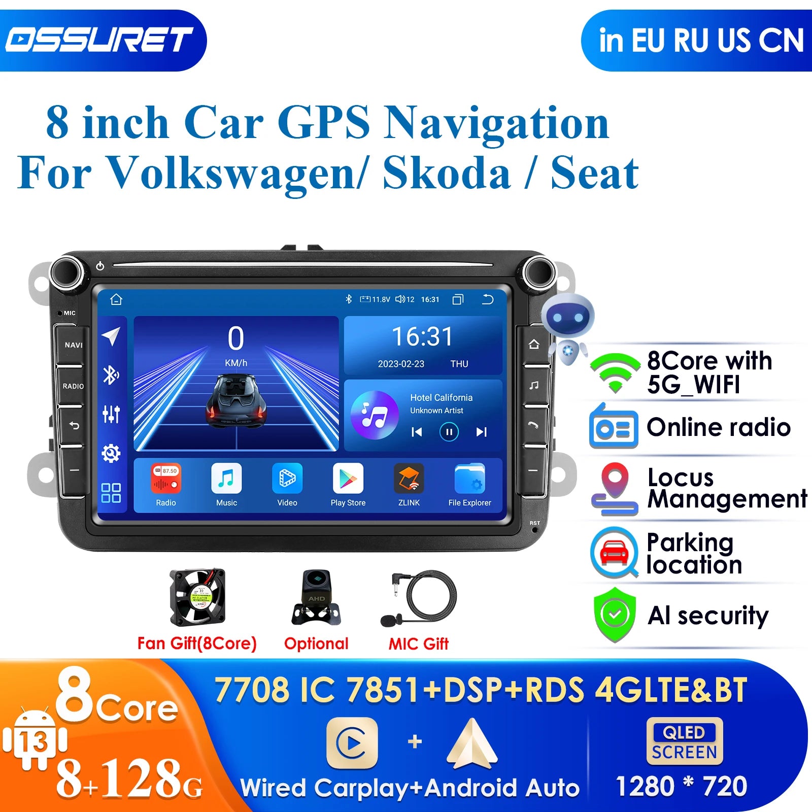 8+128G Android 14 2 Din Car Radio GPS Multimedia Player for VW Golf Passat B6 B7 Polo Tiguan Jetta Skoda Octavia Seat -