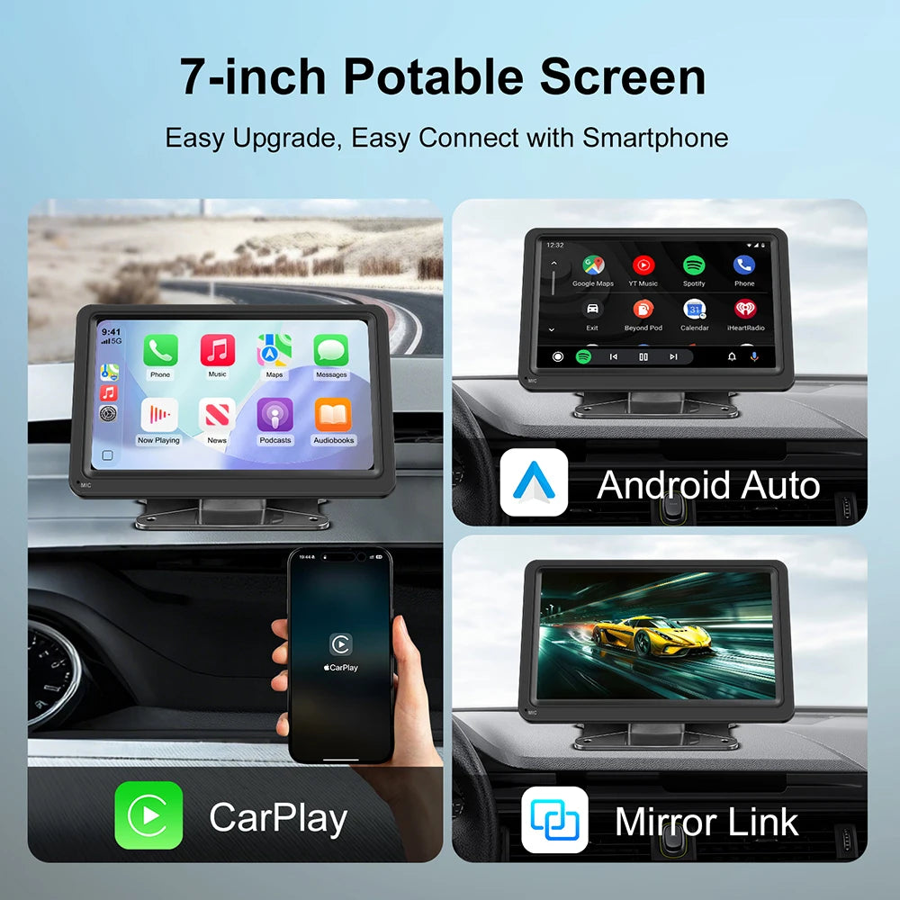 Portable 7" Magnetic Mount Wireless CarPlay for Android Auto Car Stereo GPS Screen Bluetoo