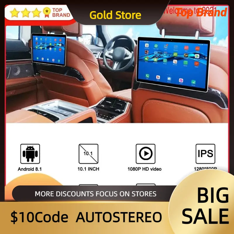 10 Inch Android 14 Car Headrest Monitor 1080 P HD 1080P Video Touch Screen WIFI/Bluetooth/