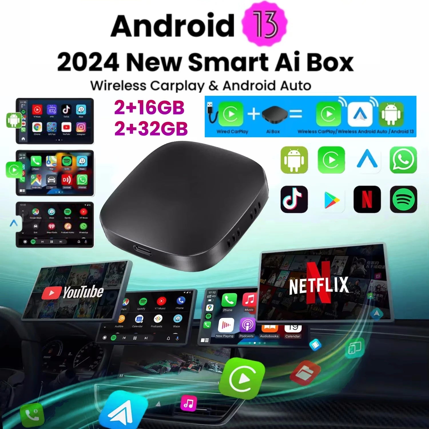 3 in 1 Wireless Carplay&Android Auto Adapter Car Intelligent System AI Box WIFI TF Card Fo | AUTOKITSHOP