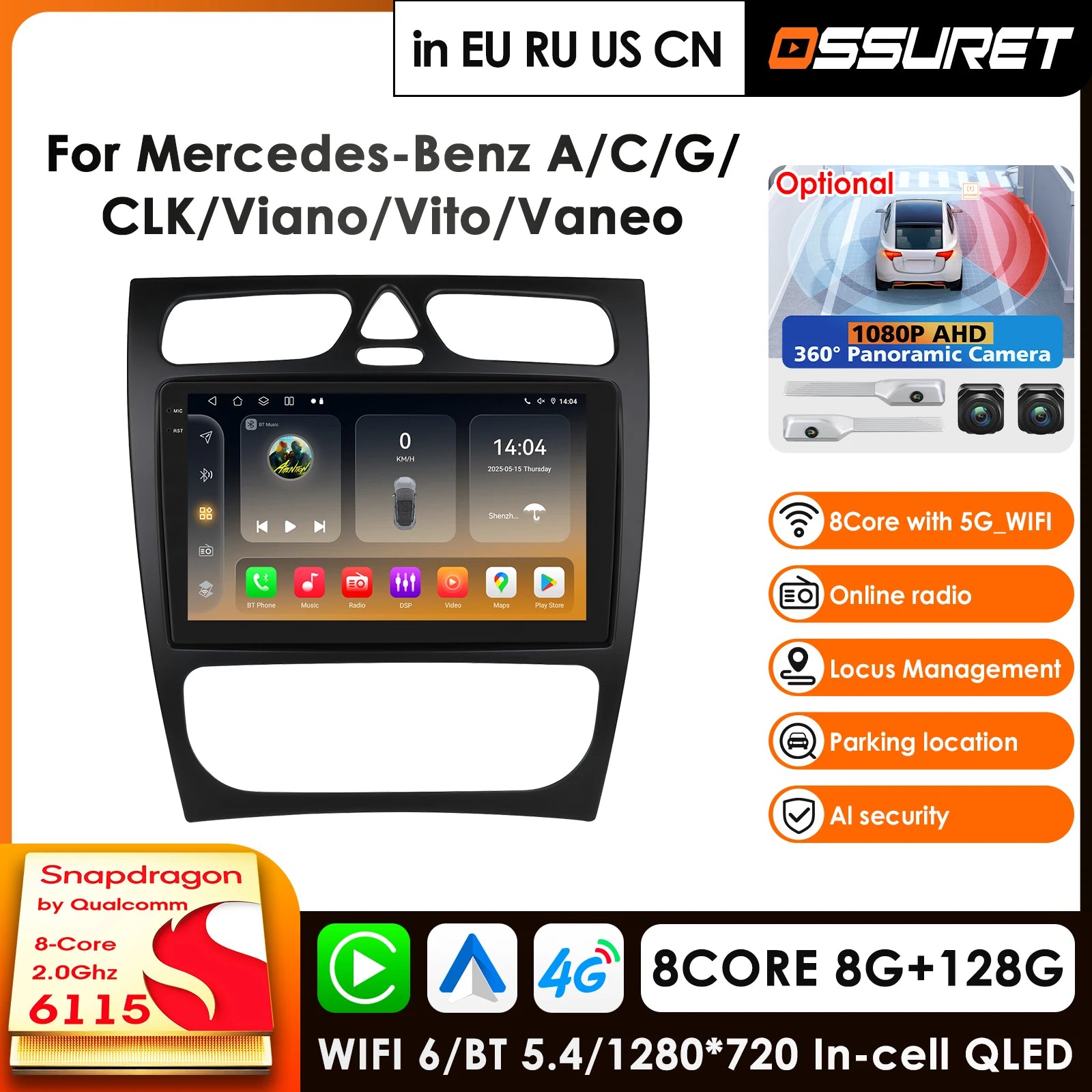 12.3" Car Radio GPS for Mercedes-Benz A W168 C W203 G W463 Vaneo Vito Viano CLK Class C209 - Carplay Android Auto Multim