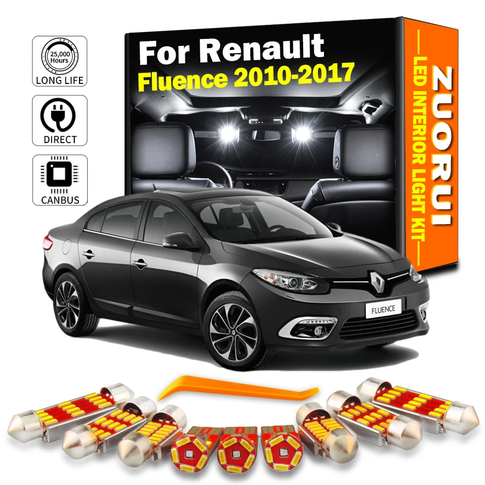 11-Piece LED Interior Light Kit for Renault Fluence 2014-2017 - Canbus Dome Map Door Trunk Bulbs | AUTOKITSHOP