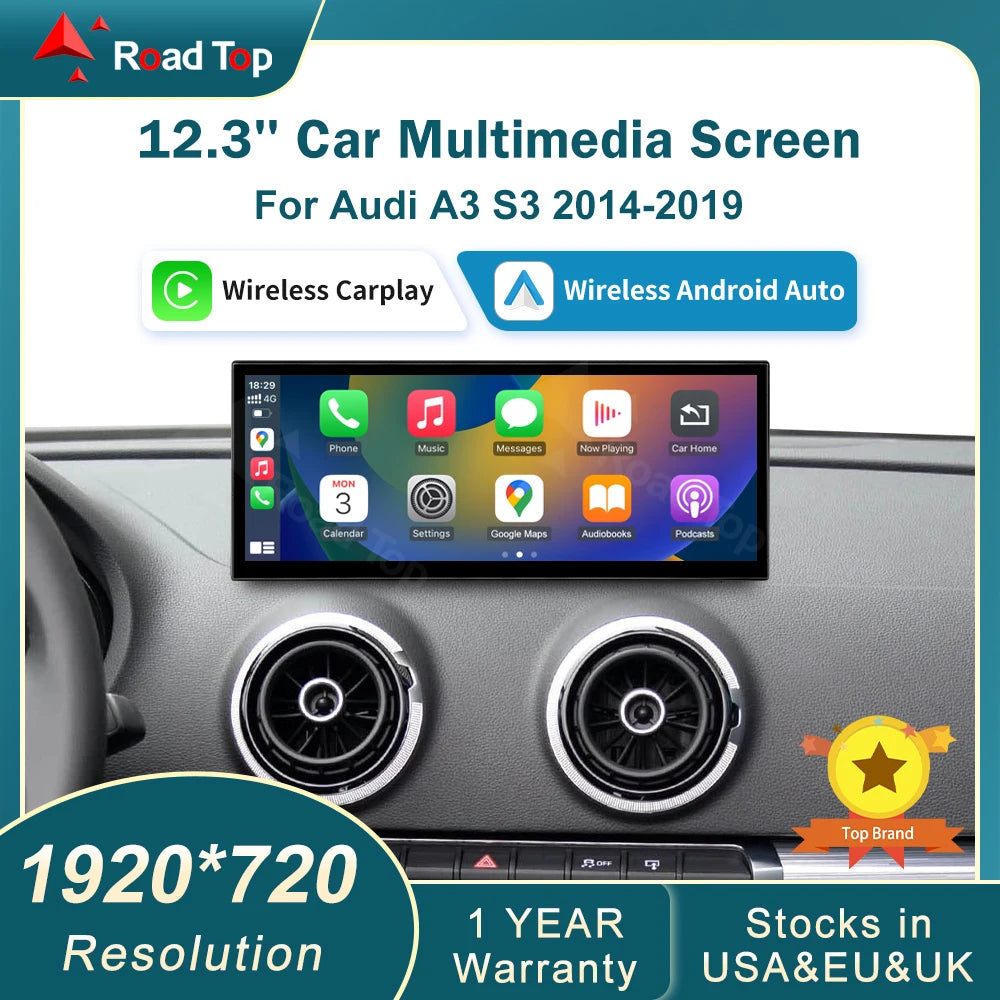 12.3 RoadTop Wireless CarPlay Multimedia Display Android Auto For Audi A3 S3 B9 MIB MIB2 2