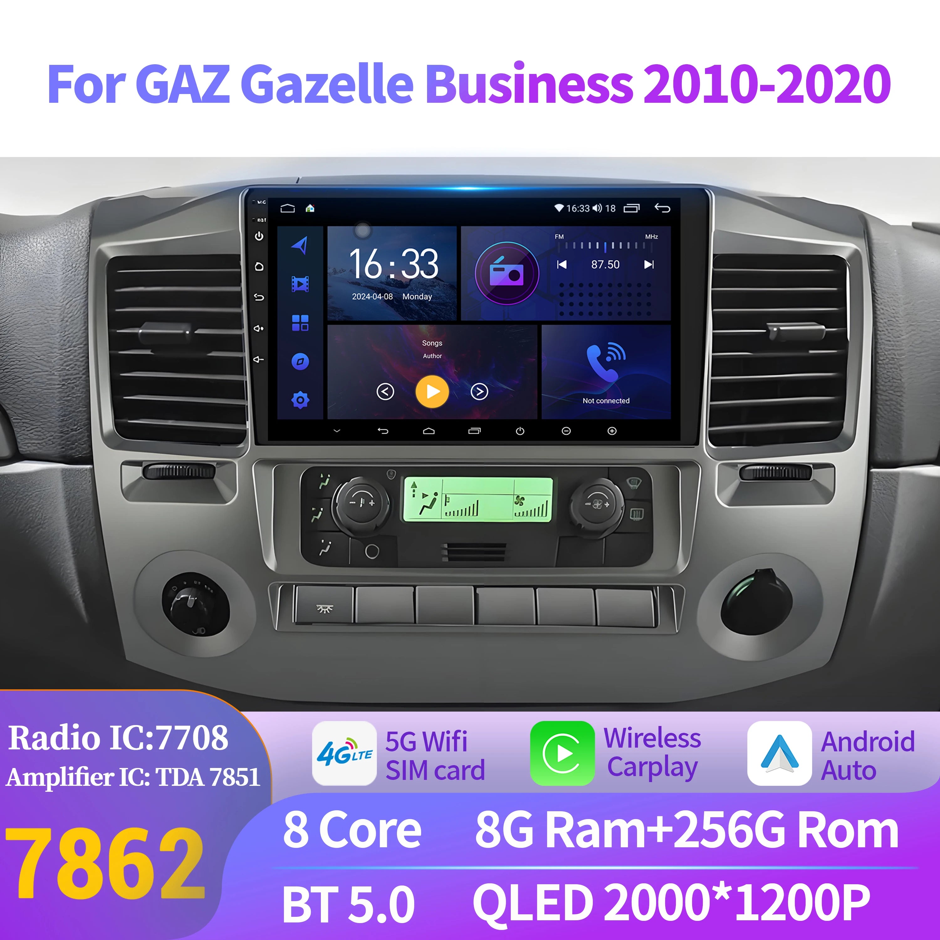 For GAZ Gazelle Business 2010-2020 Car Radio Multimedia Apple Android 14 Wireless BT CarPl