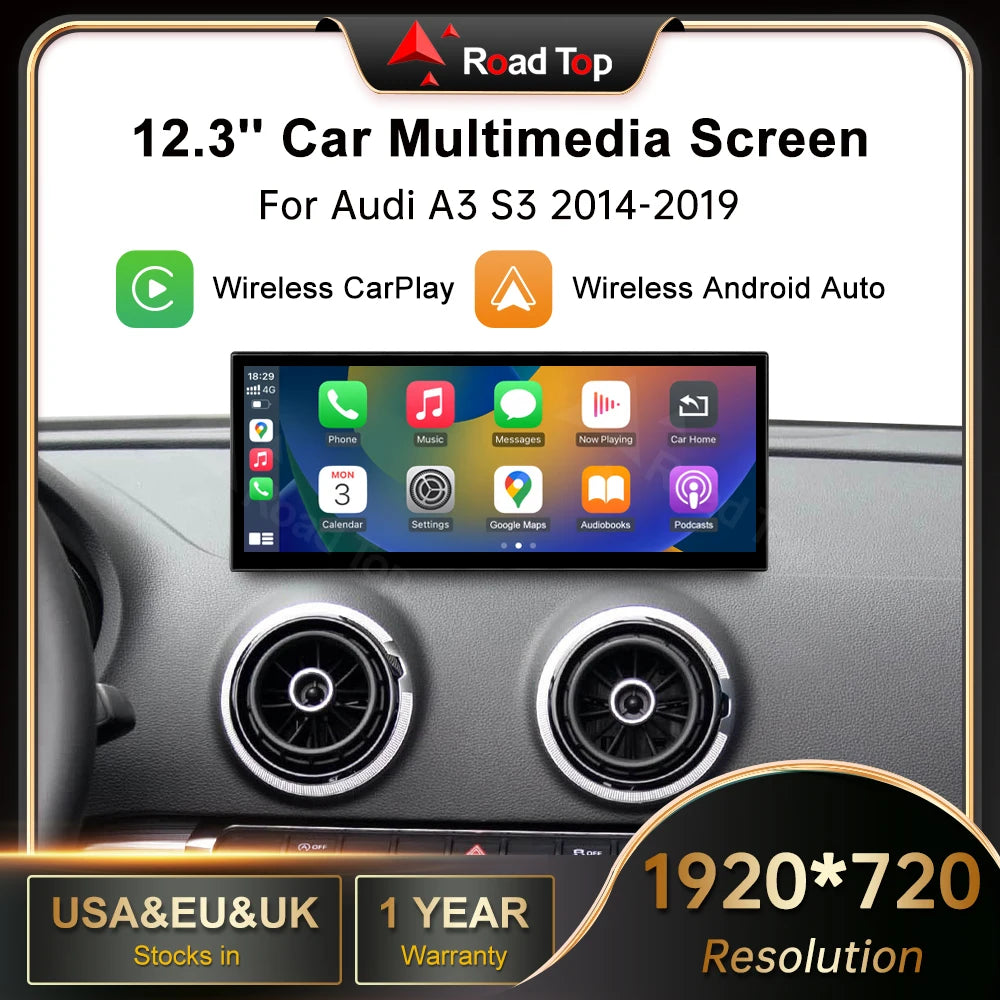 CN RoadTop 12.3 inch Wireless CarPlay For Audi A3 S3 B9 MIB2 2014-2018 Multimedia Display