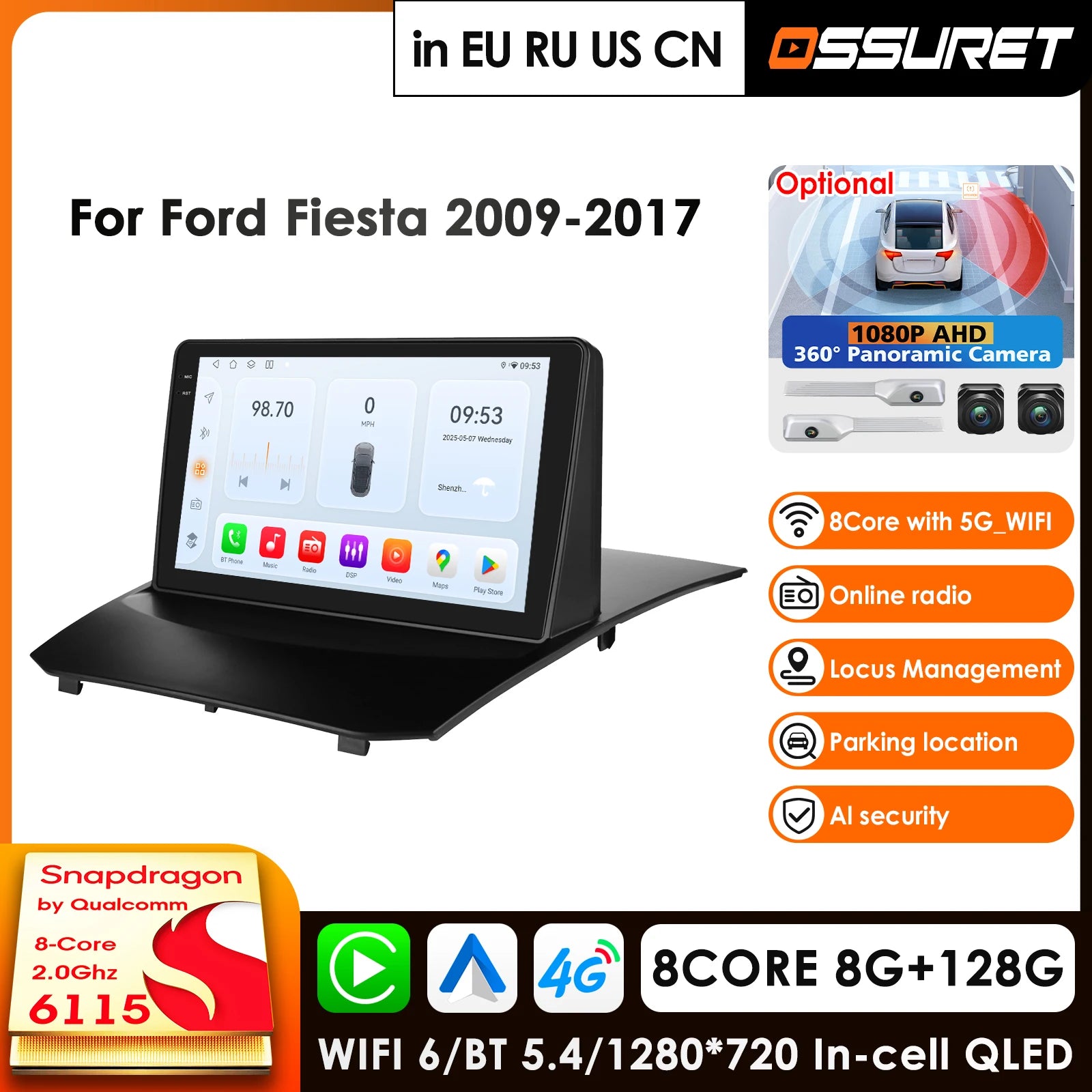 12.3" Car Radio GPS Android 14 For Ford Fiesta 2009-2017 - 4G-LTE 360 Camera Carplay Auto Stereo BT RDS