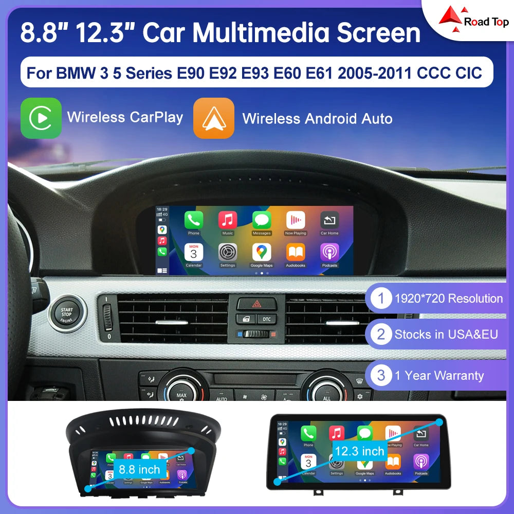 Road Top Wireless CarPlay Touch Screen For BMW 3/5 Series E90/E91/E92/E93 E60 E61 E62 CCC/