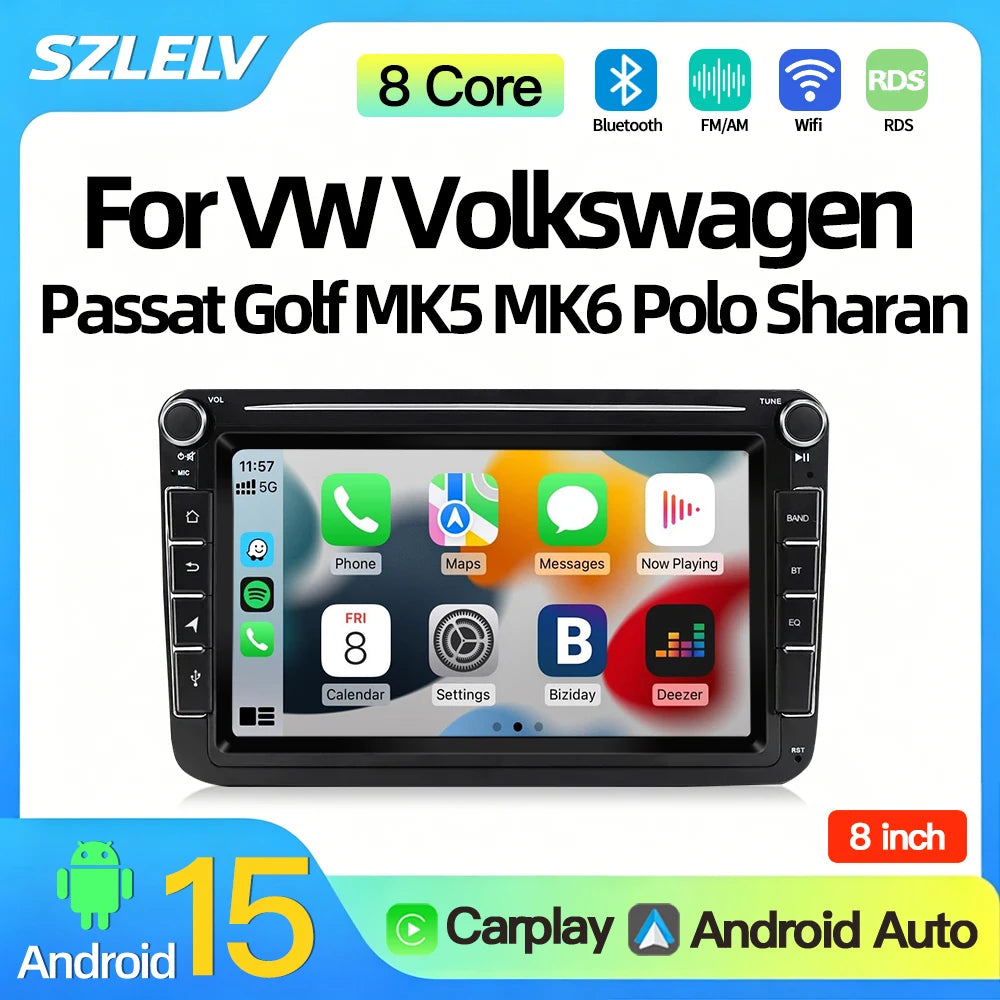 SZLELV 2Din Android 15 Auto Car Radio GPS Carplay For VW Volkswagen Passat Golf MK5 MK6 Je