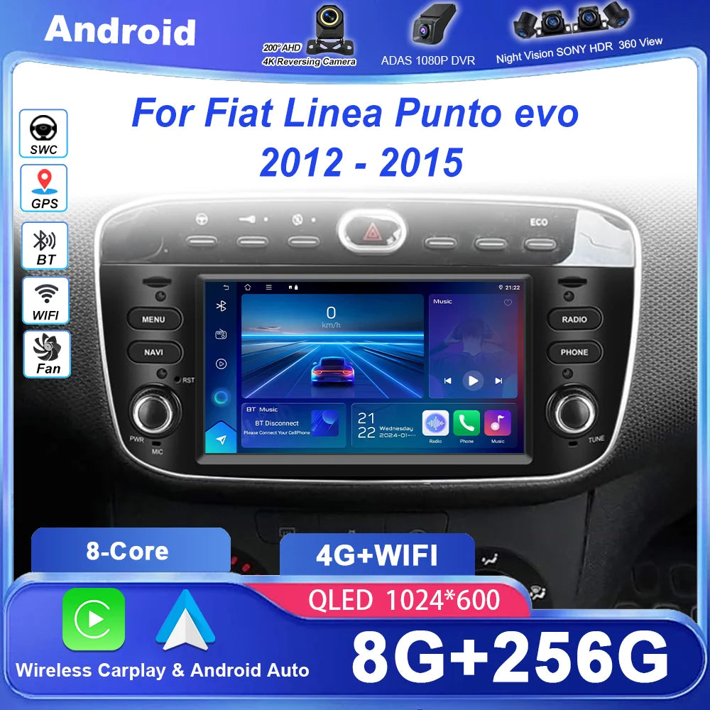 7'' Android 15 Autoradio For Fiat Linea Punto evo 2012-2015 GPS WIFI Carplay Auto 4G Radio