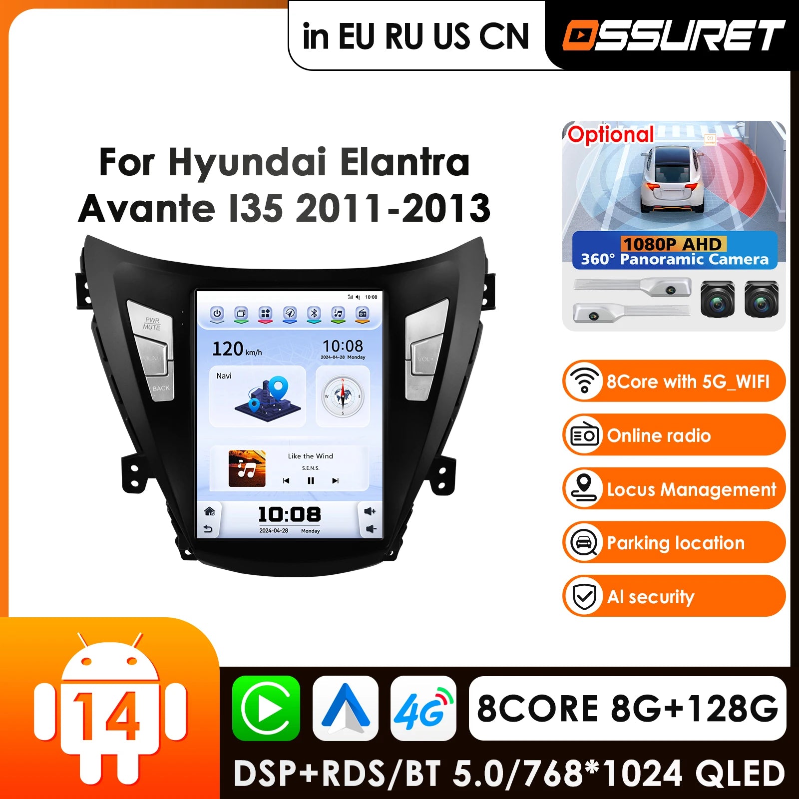 2din GPS Navigation CarPlay Android 14 Auto Radio 360 Camera Video for Hyundai Elantra Avante I35 2011-2013 Multimedia P