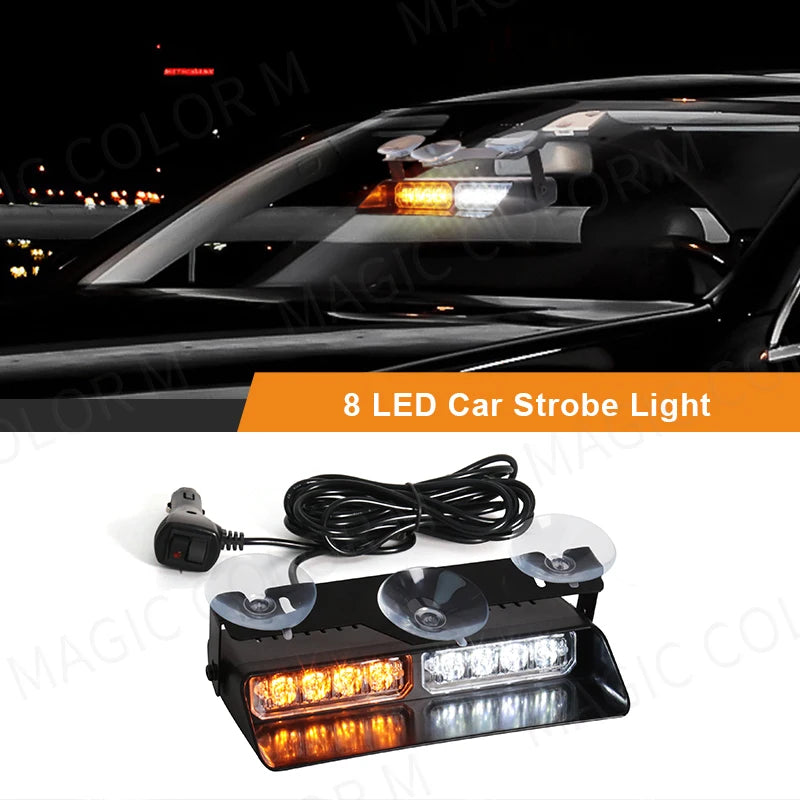 LED Car Strobe Light For Emergency Flash Warning Lamp Windshield Bar 8 Beads Red Blue Ambe | AUTOKITSHOP