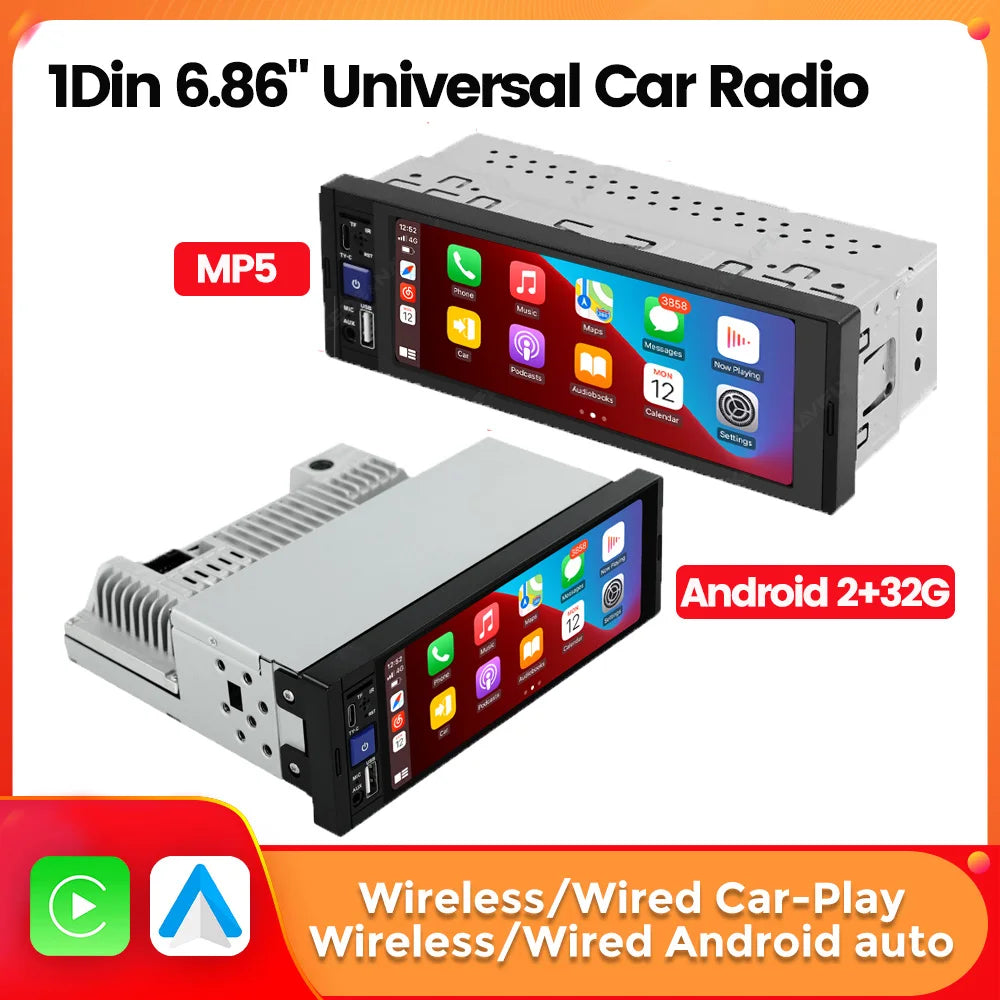 1Din Universal 6.86'' Screen Wired Wireless Carplay Android Auto MP5 Car Radio Stereo Mult | AUTOKITSHOP
