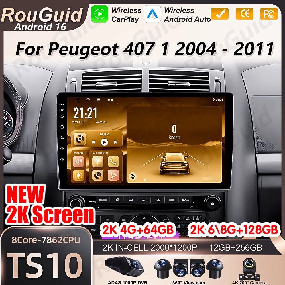 Android 16 Auto Car Radio For Peugeot 407 1 2004 2005 2006 2007 2008 - 2011 Wireless Carpl | AUTOKITSHOP