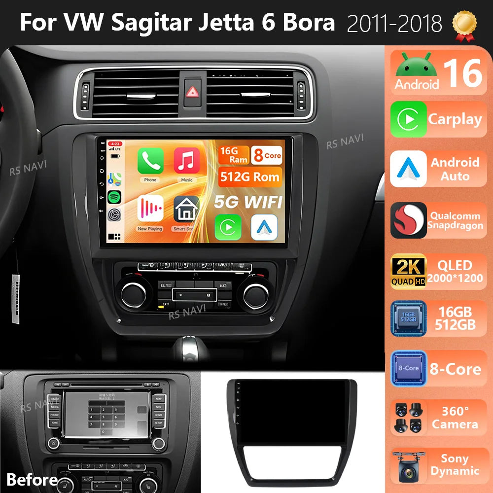 Plug and Play Android 16 For VW Volkswagen Jetta 6 MK6 2011 - 2018 2K QLED Android Car Rad