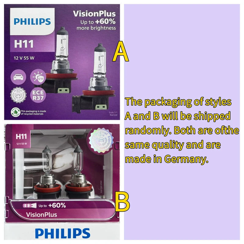 Philips H11 12V 55W PGJ19-2 VisionPlus 3250K Bright Light Up to 60% Vision Halogen Origina