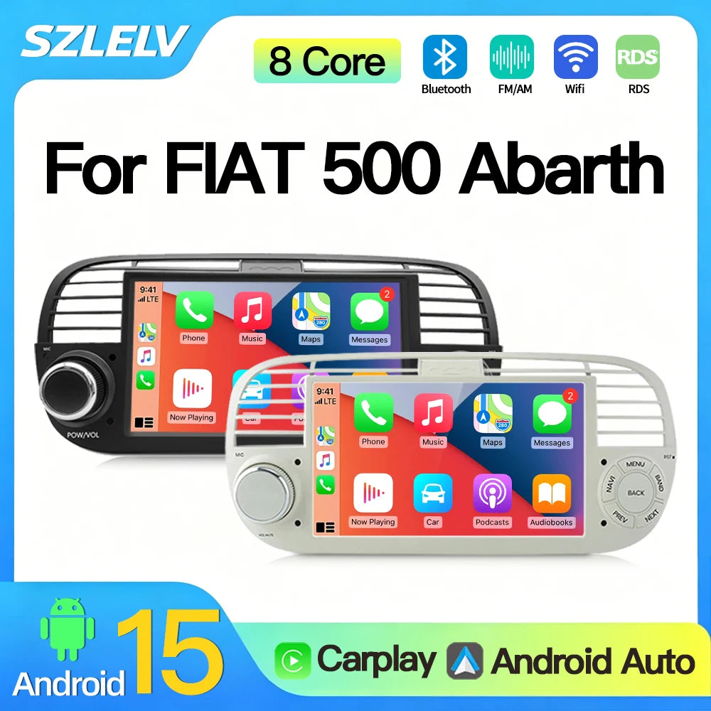 SZLELV Android 15 Wireless CarPlay Auto Car Radio GPS Stereo For Fiat 500 Abarth 2007-2015