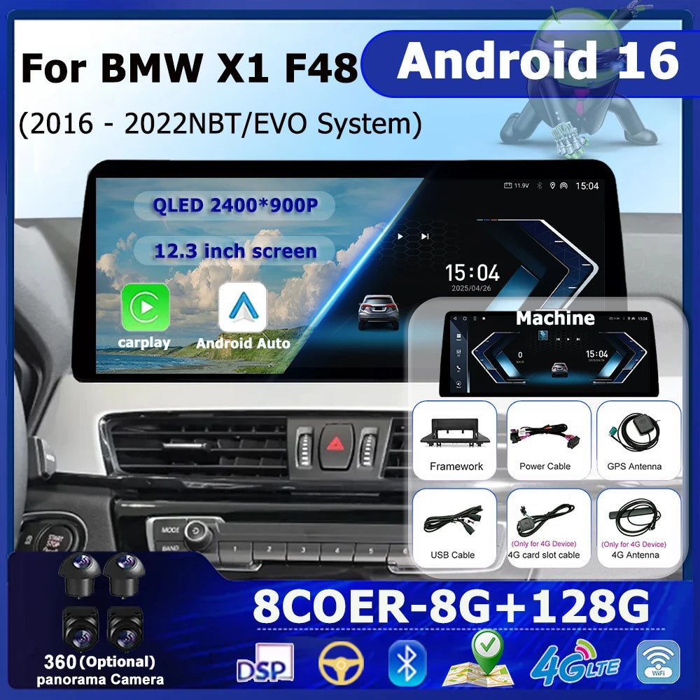 QLED 2400*900P For BMW X1 F48 2016 - 2022 NBT EVO System Android 16 System DSP Wireless Ca