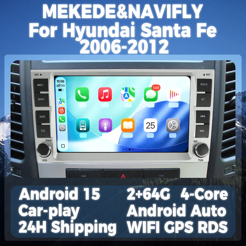 Wireless CarPlay Android Auto Multimedia Display Screen For Hyundai Santa Fe 2006-2012 And