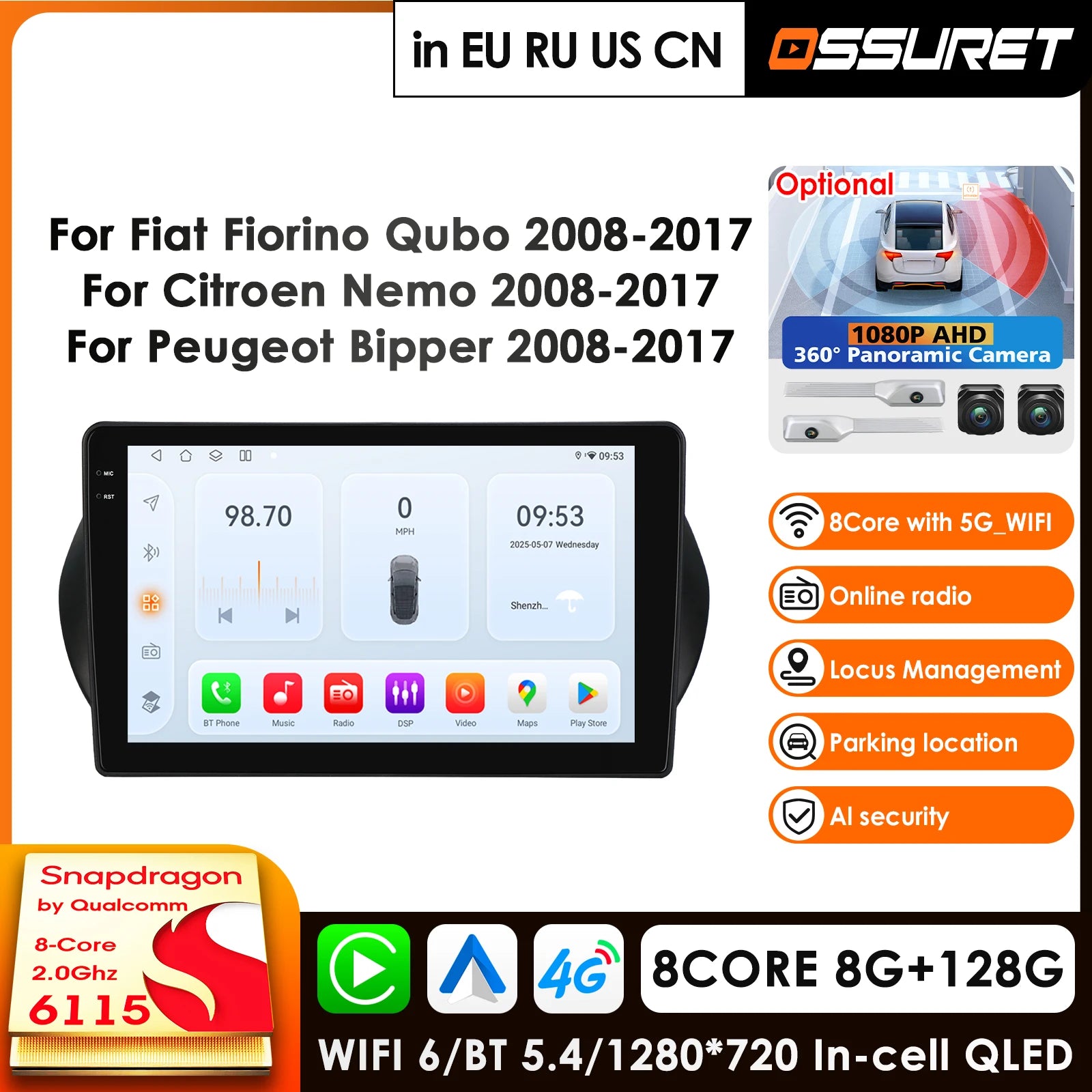10.1" Car Radio GPS for Fiat Fiorino Qubo Citroen Nemo Peugeot Bipper 2008-2017 - Android 14 Carplay 4G DSP FM Multimedi