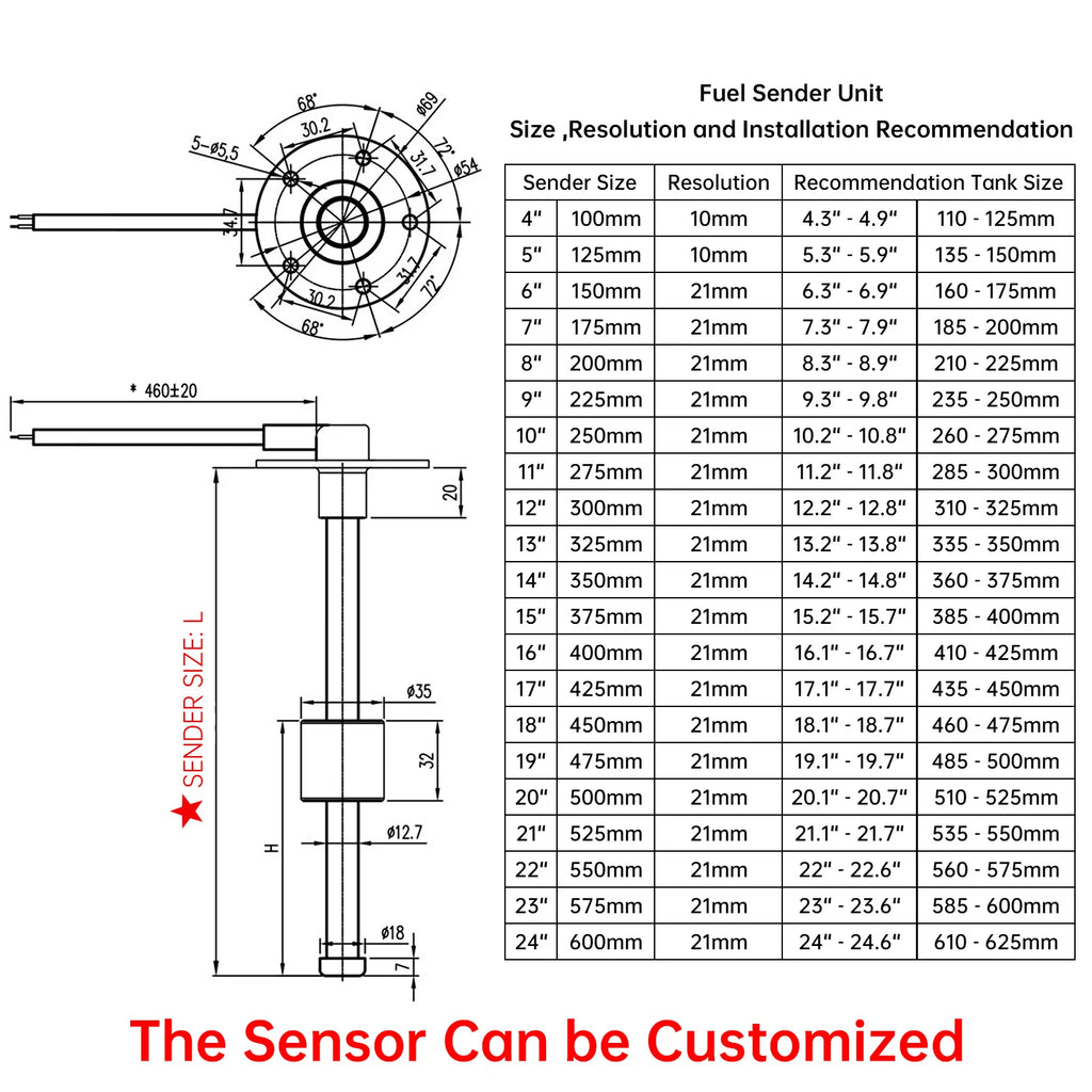 0-190 ohm 240-33ohm Water Level Gauge Meter 125mm 150mm 200mm 250mm 600mm Fuel Level Sensor Fuel - Automotive LED Light