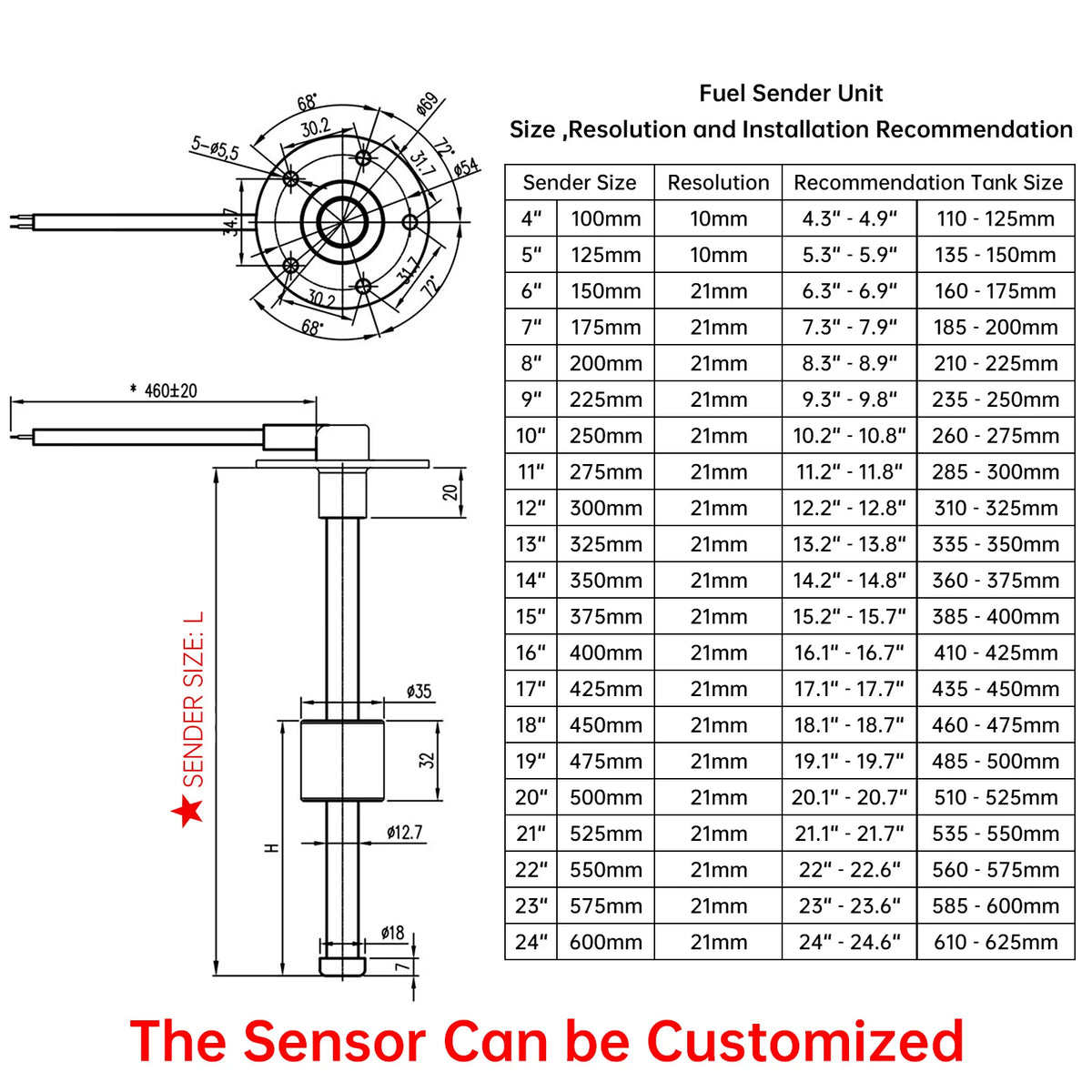 0-190 ohm 240-33ohm Water Level Gauge Meter 125mm 150mm 200mm 250mm 600mm Fuel Level Sensor Fuel - Automotive LED Light