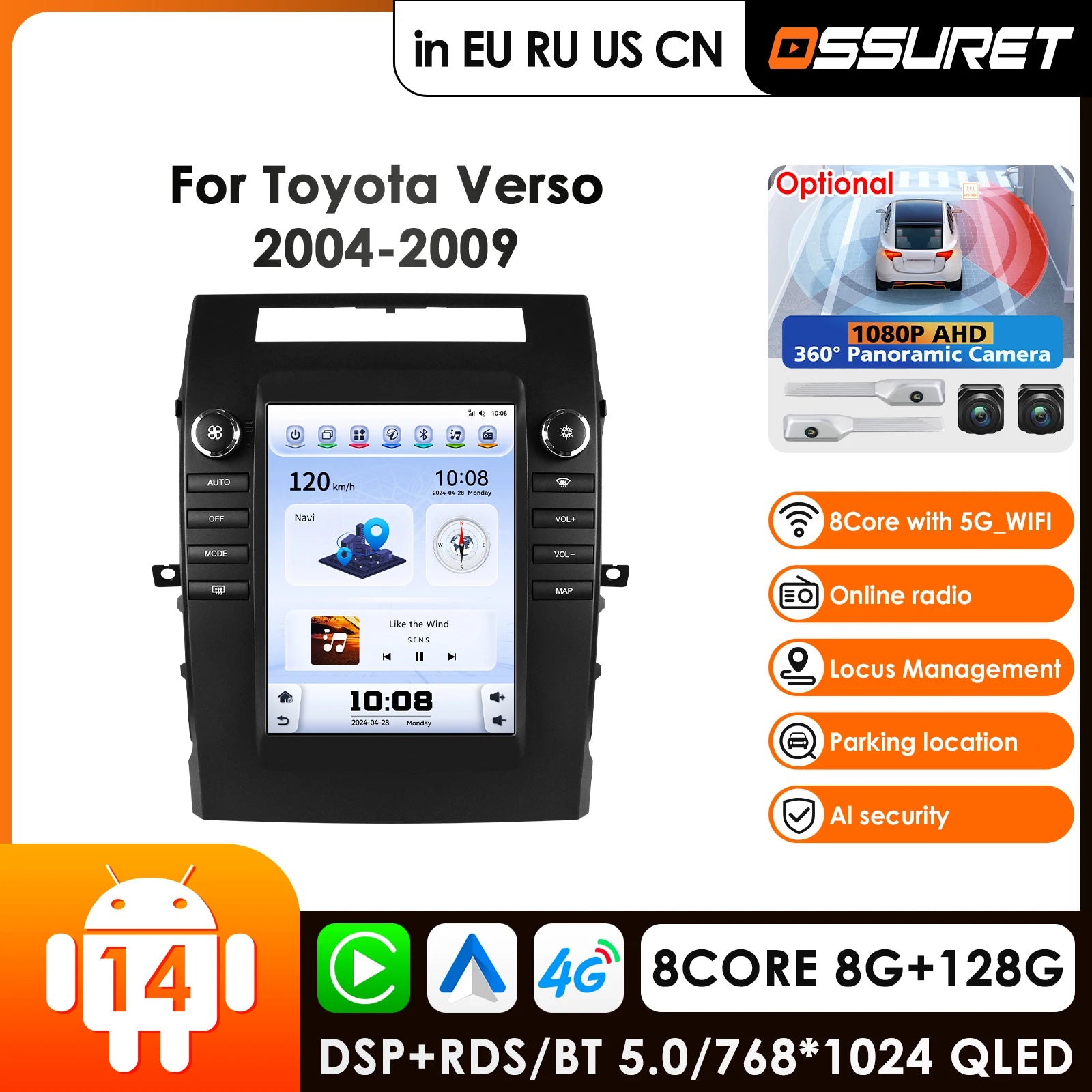12.3" Car Radio GPS for Toyota Verso 2004-2009 - Android 14 4G Carplay Auto Stereo HeadUnit with DVR