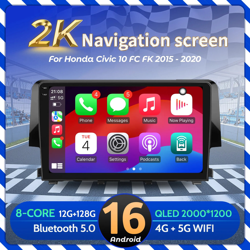 9” Car Radio Android 16 For Honda Civic 10 FC FK 2015-2020 BT Carplay Multimedia Navigatio