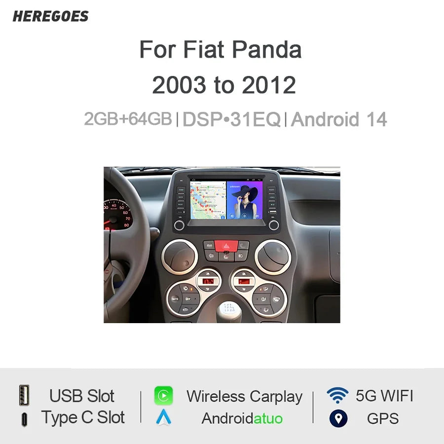 7" Android Car Radio GPS for Fiat Panda 2003-2012 Wireless CarPlay Android Auto Bluetooth Steering Control - Type-C 2GB+